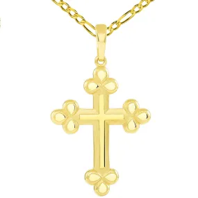 14k Gold Polished and Matte Finish Christian Eastern Orthodox Cross Pendant with Figaro Necklace - Yellow Gold