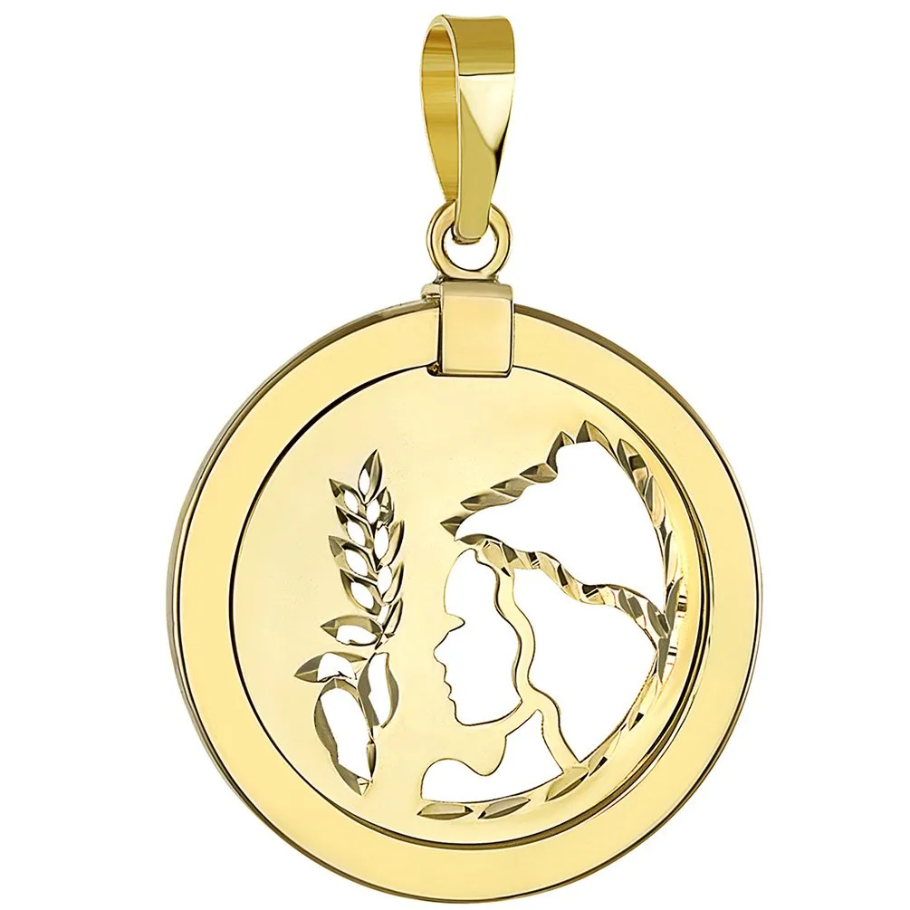 14K Gold Reversible Round Virgo Zodiac Sign Pendant with Cuban Chain Necklace - Yellow Gold