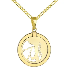 14K Gold Reversible Round Virgo Zodiac Sign Pendant with Figaro Chain Necklace - Yellow Gold