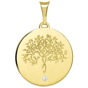 14k Solid Gold Hand Engraved Tree of Life CZ Round Medallion Pendant) - Yellow Gold