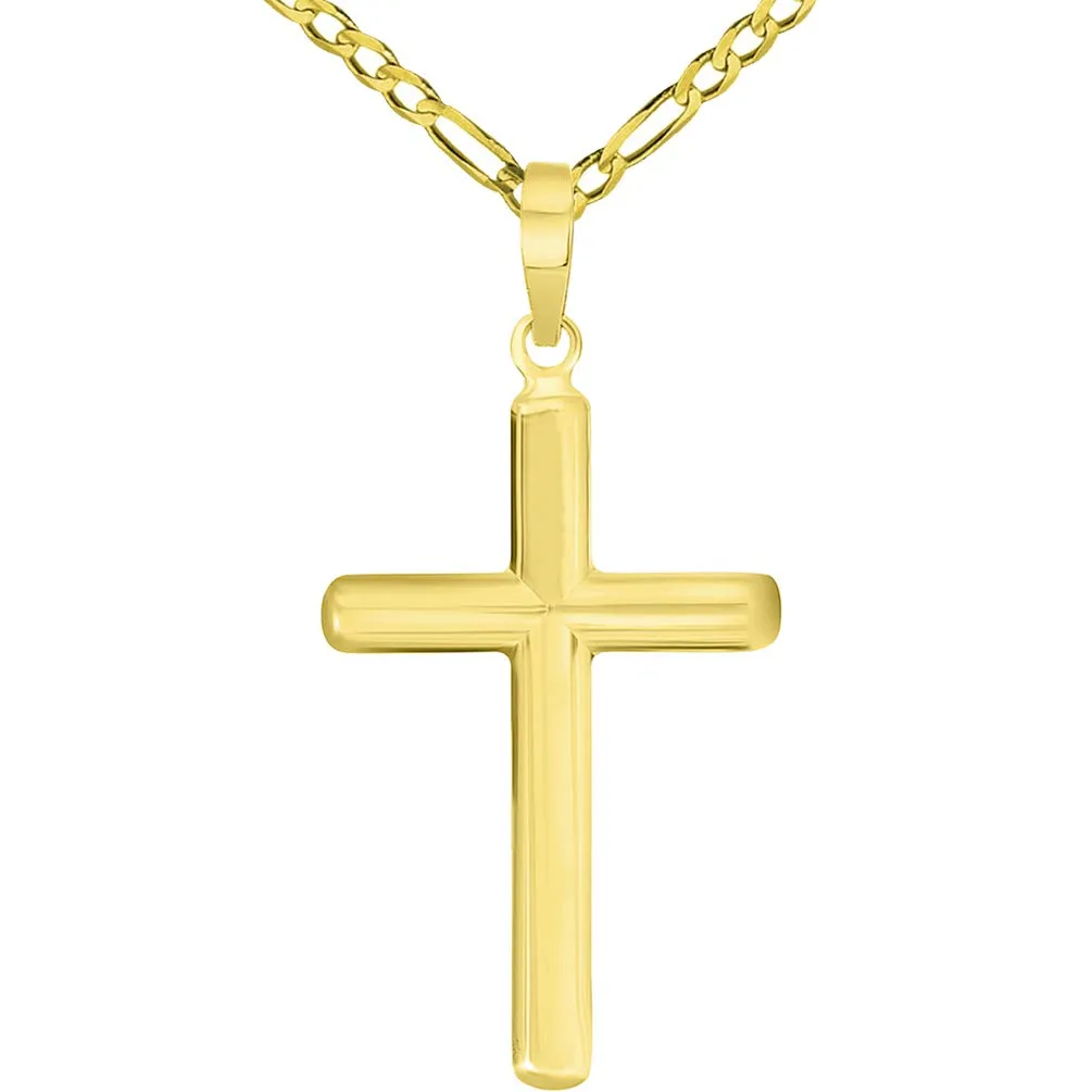 14k Solid Yellow Gold Traditional Religious Plain Cross Pendant Necklace with Rolo, Cuban, or Figaro Chain Necklaces