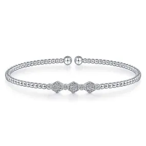 14K White Gold Bujukan Bead Cuff Bracelet with Cluster Diamond Hexagon Stations