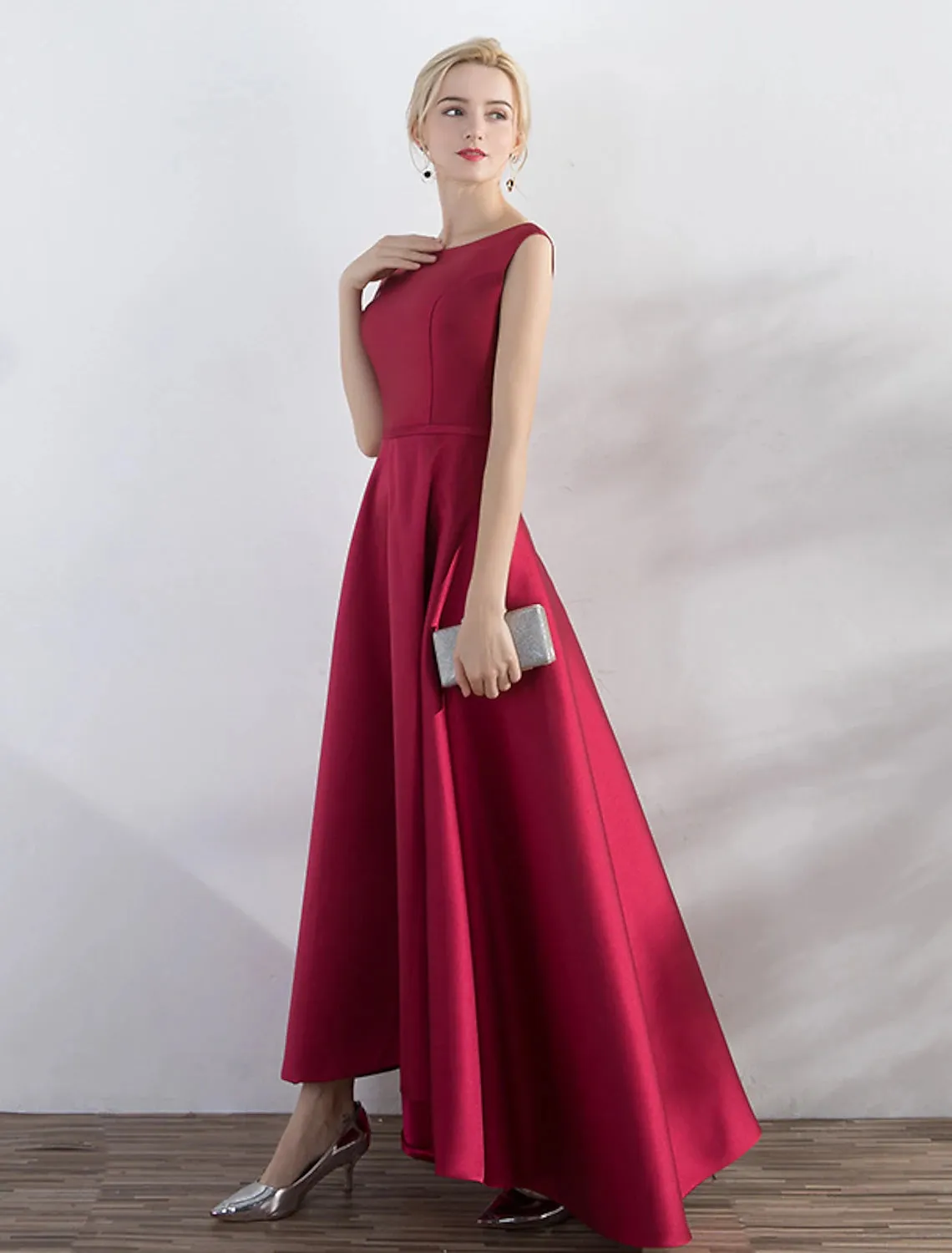 A-Line Evening Gown Elegant Minimalist Dress Party Wear Wedding Guest Asymmetrical Sleeveless Jewel Neck Satin with Sleek