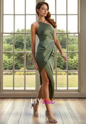 Asymmetrical Sleeveless Sleek Satin Side Slit Mother of Bride Dress Cocktail Dress