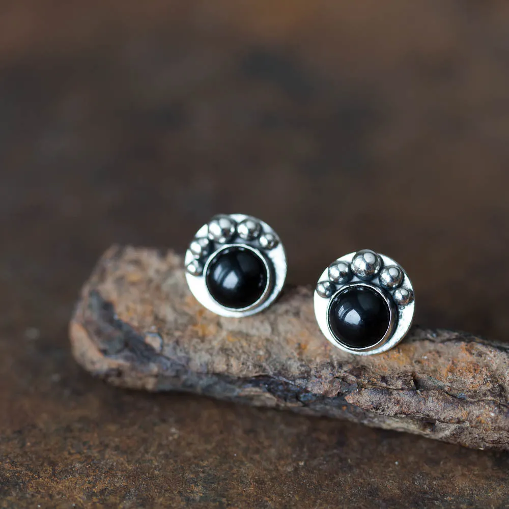 Black Onyx Studs, Round Cabochon Earrings With Silver Dots