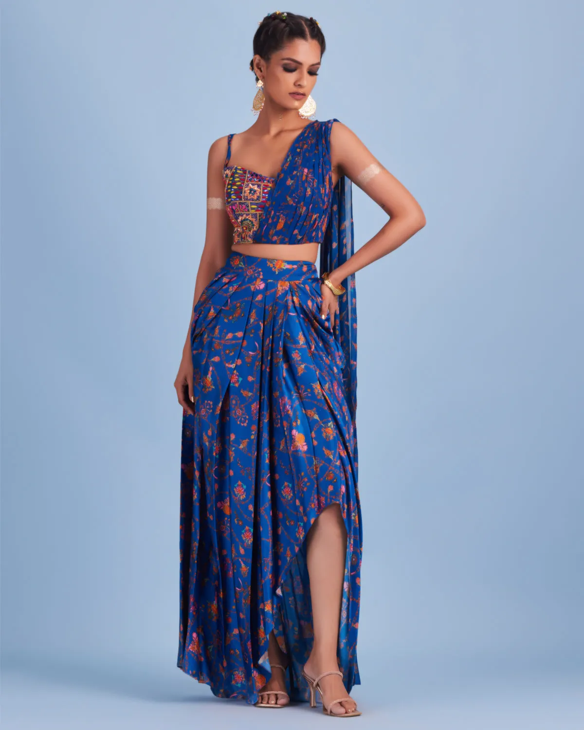 Blue Bale Printed Asymmetrical Skirt Set