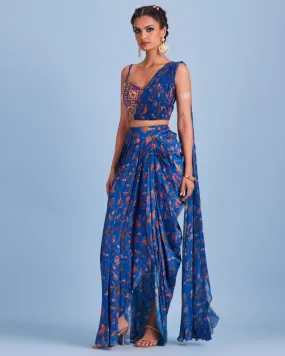 Blue Bale Printed Asymmetrical Skirt Set