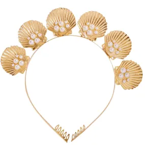 Engraved Shell Pearl Embellished Headband - Gold