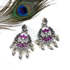 Fashionable Long Oxidized Silver Peacock Earring with Ruby red and White stones