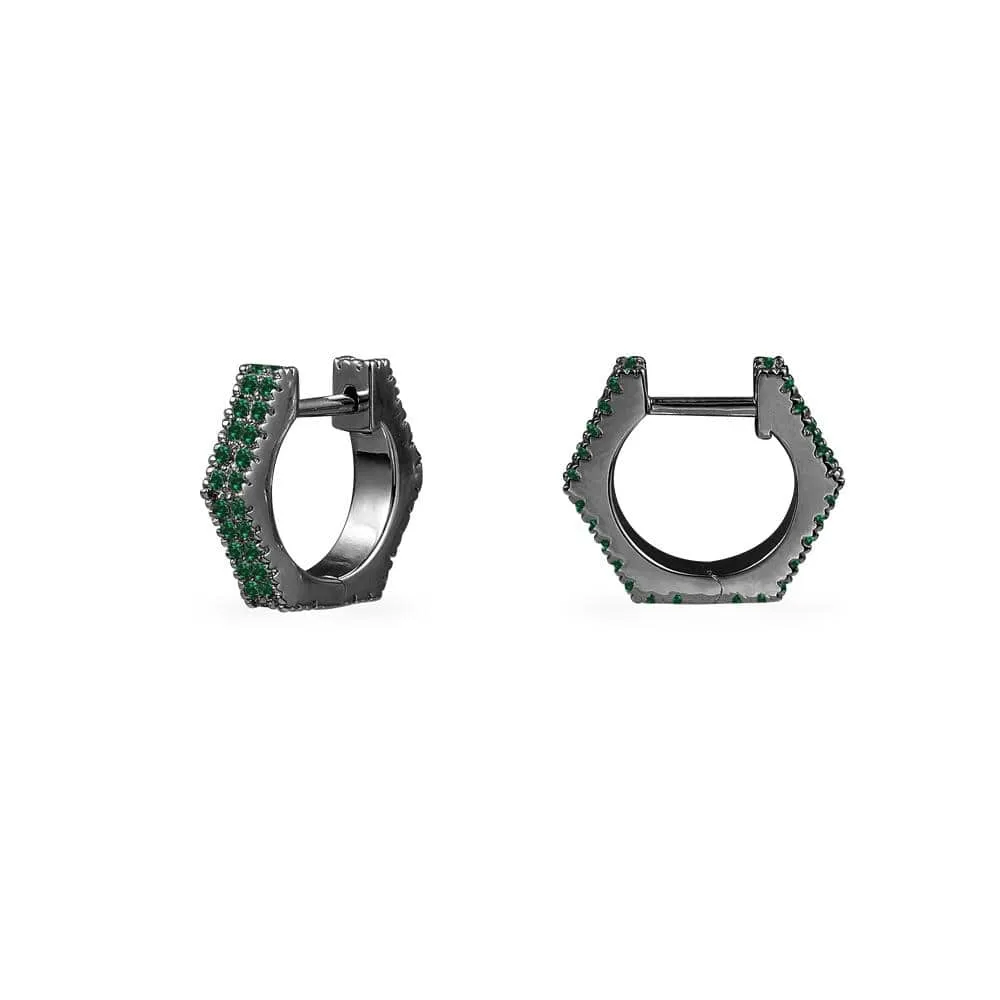 Green geometric huggie earrings - dark grey silver