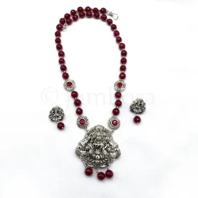 Handmade Lakshmi Oxidized Silver Bead Mala Necklace Set in Agate Maroon Red Beads