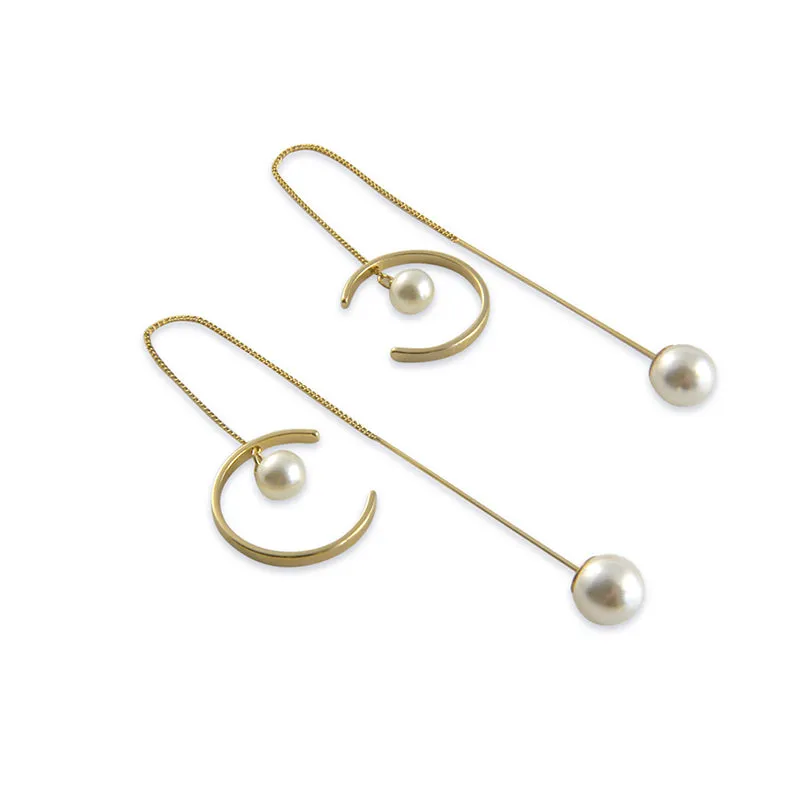 Pearl With C Shape Gold Pull-Thru Earrings