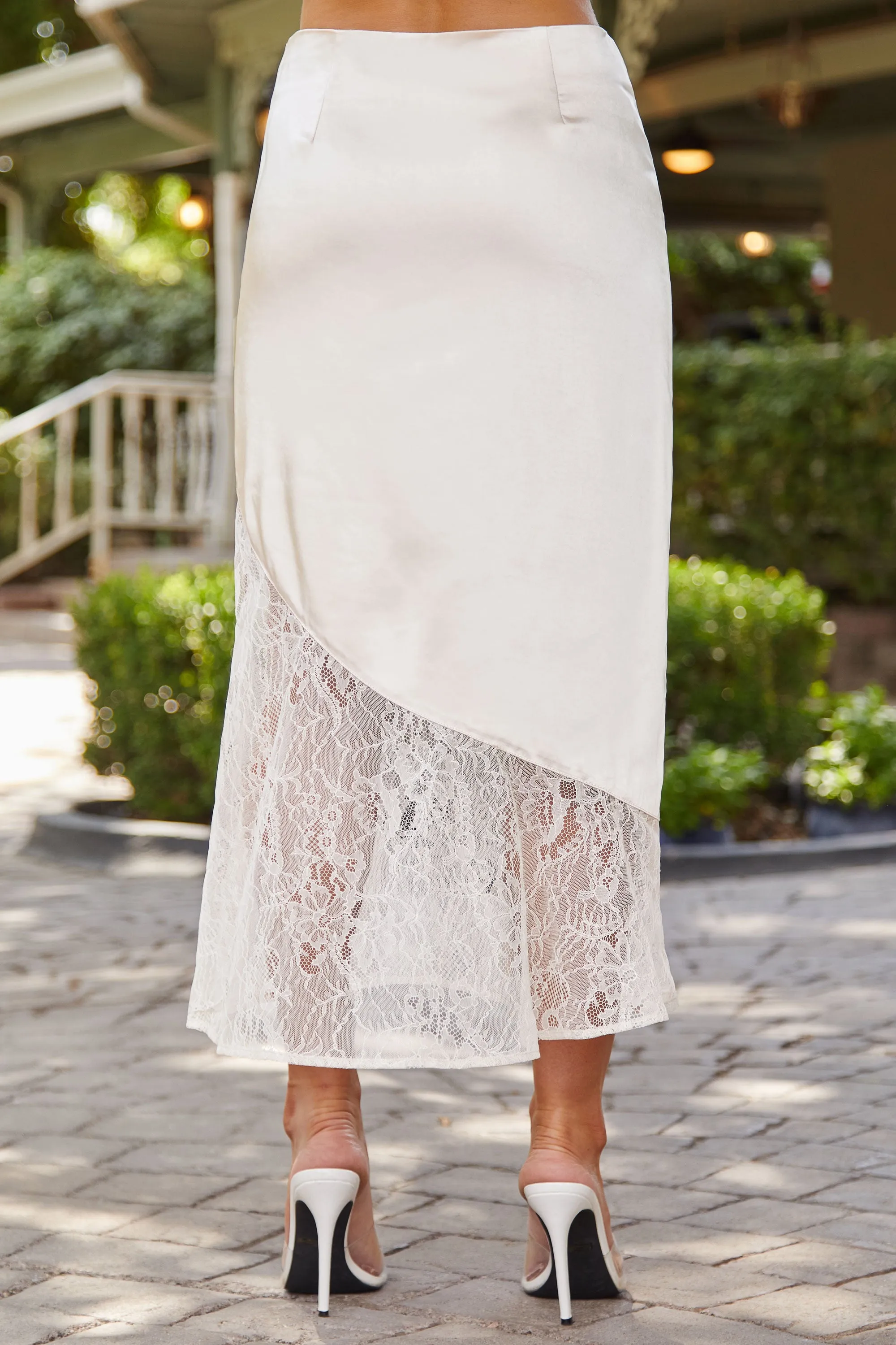 Sana Cream Asymmetrical Lace Satin Midi Skirt