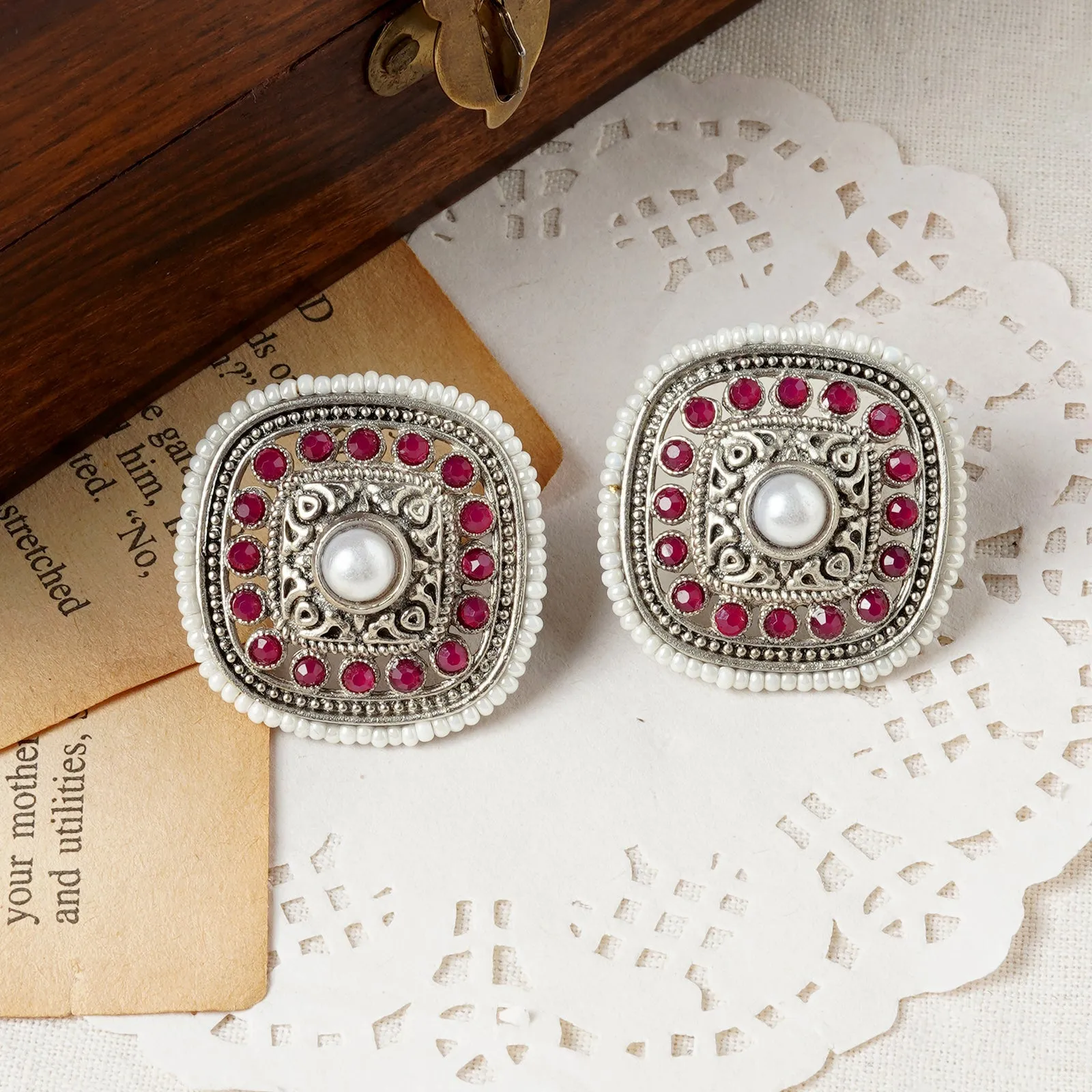 Teejh Deval Silver Oxidised Ruby Stud