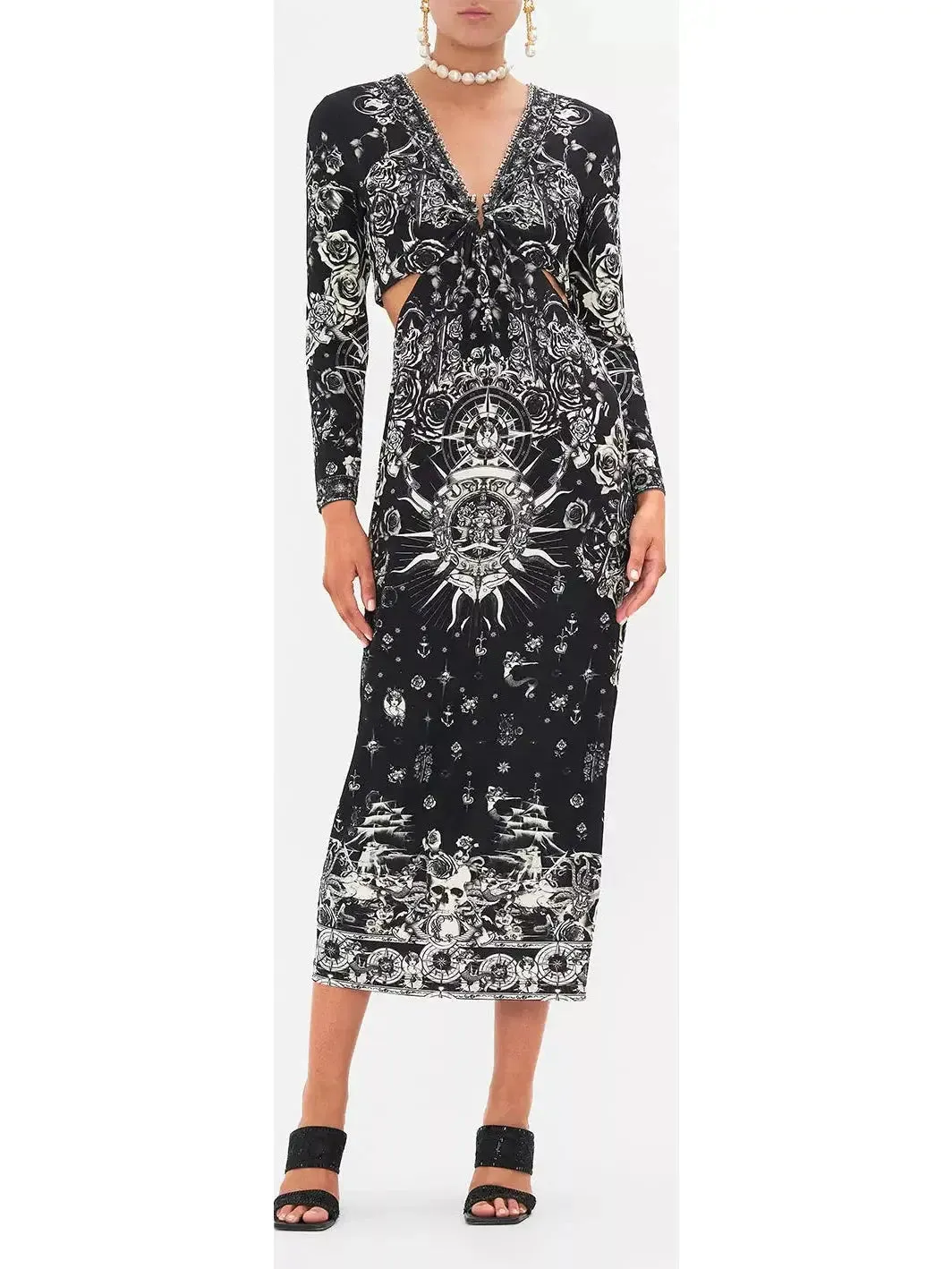 Women’s Black and White Tattoo Printed Cut-Out Embellished V-Neck Silk Midi Dress