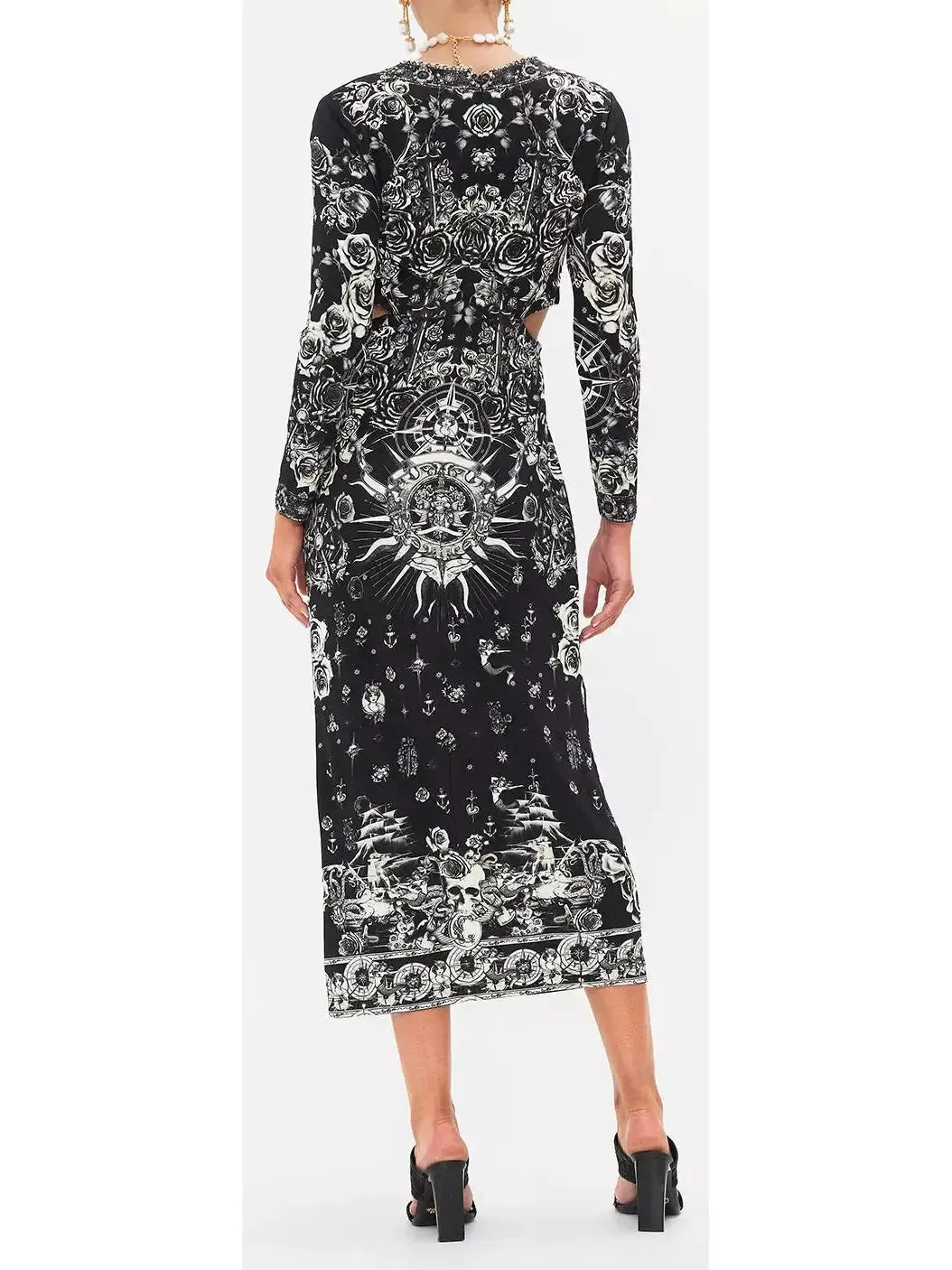 Women’s Black and White Tattoo Printed Cut-Out Embellished V-Neck Silk Midi Dress