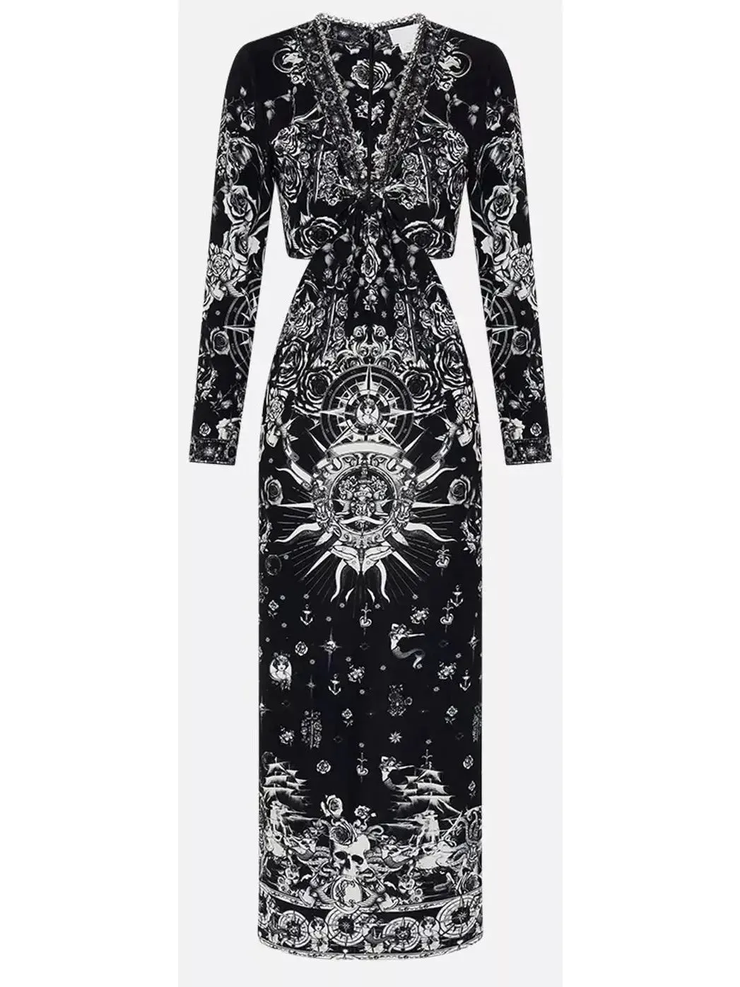 Women’s Black and White Tattoo Printed Cut-Out Embellished V-Neck Silk Midi Dress