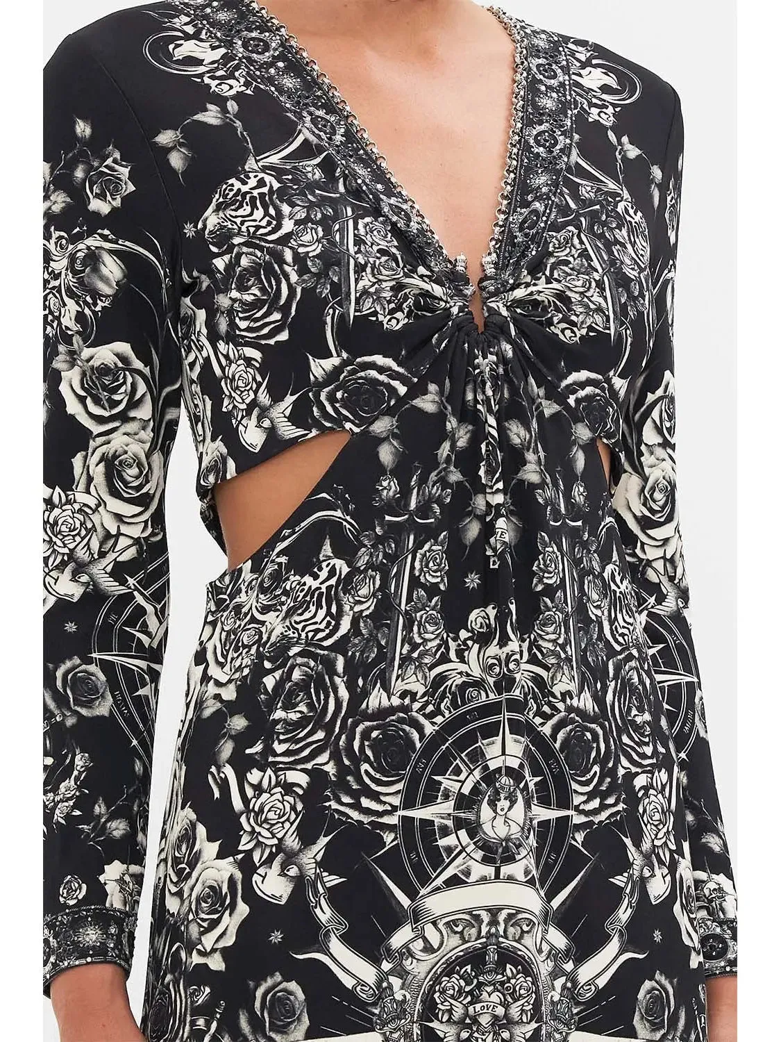 Women’s Black and White Tattoo Printed Cut-Out Embellished V-Neck Silk Midi Dress