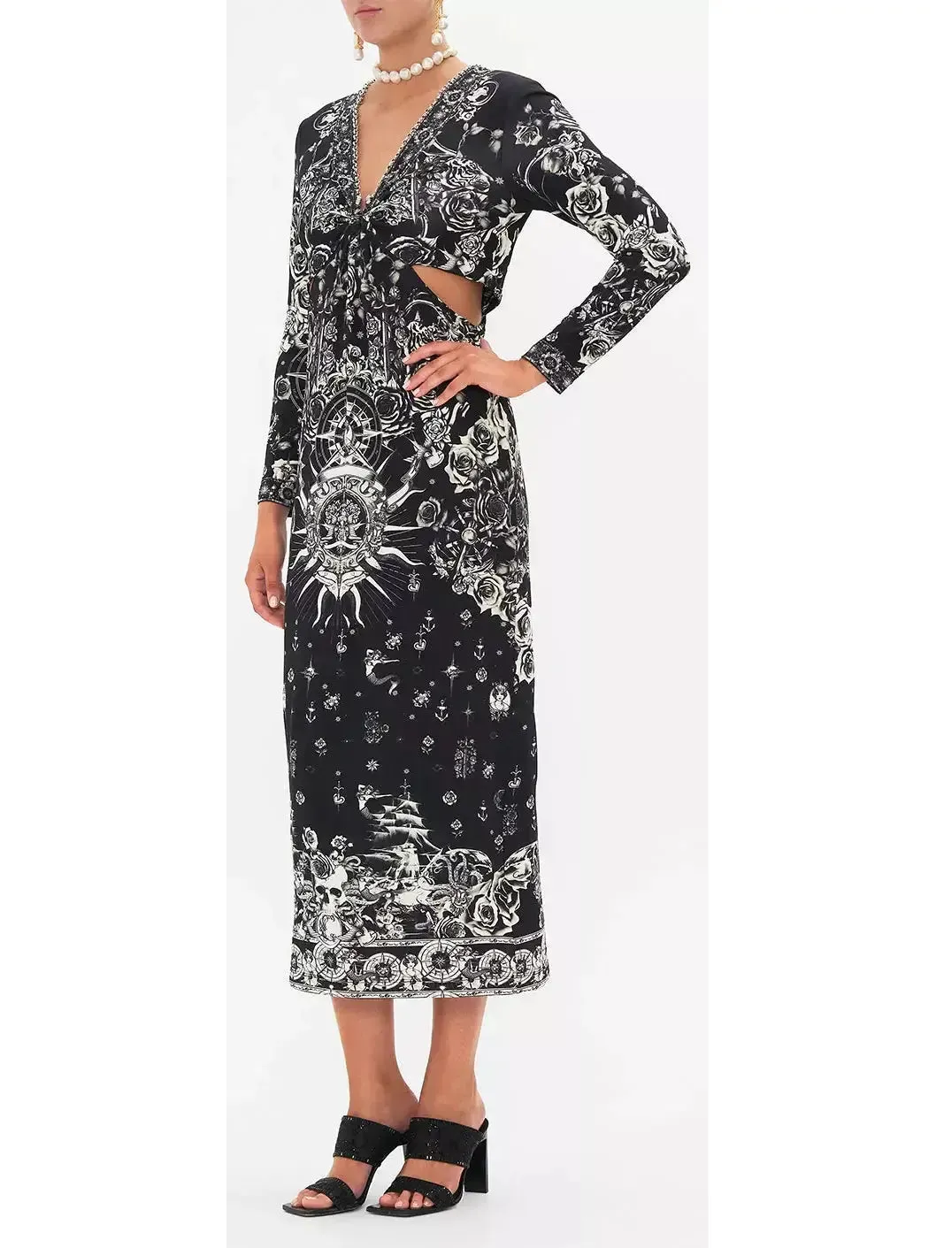 Women’s Black and White Tattoo Printed Cut-Out Embellished V-Neck Silk Midi Dress