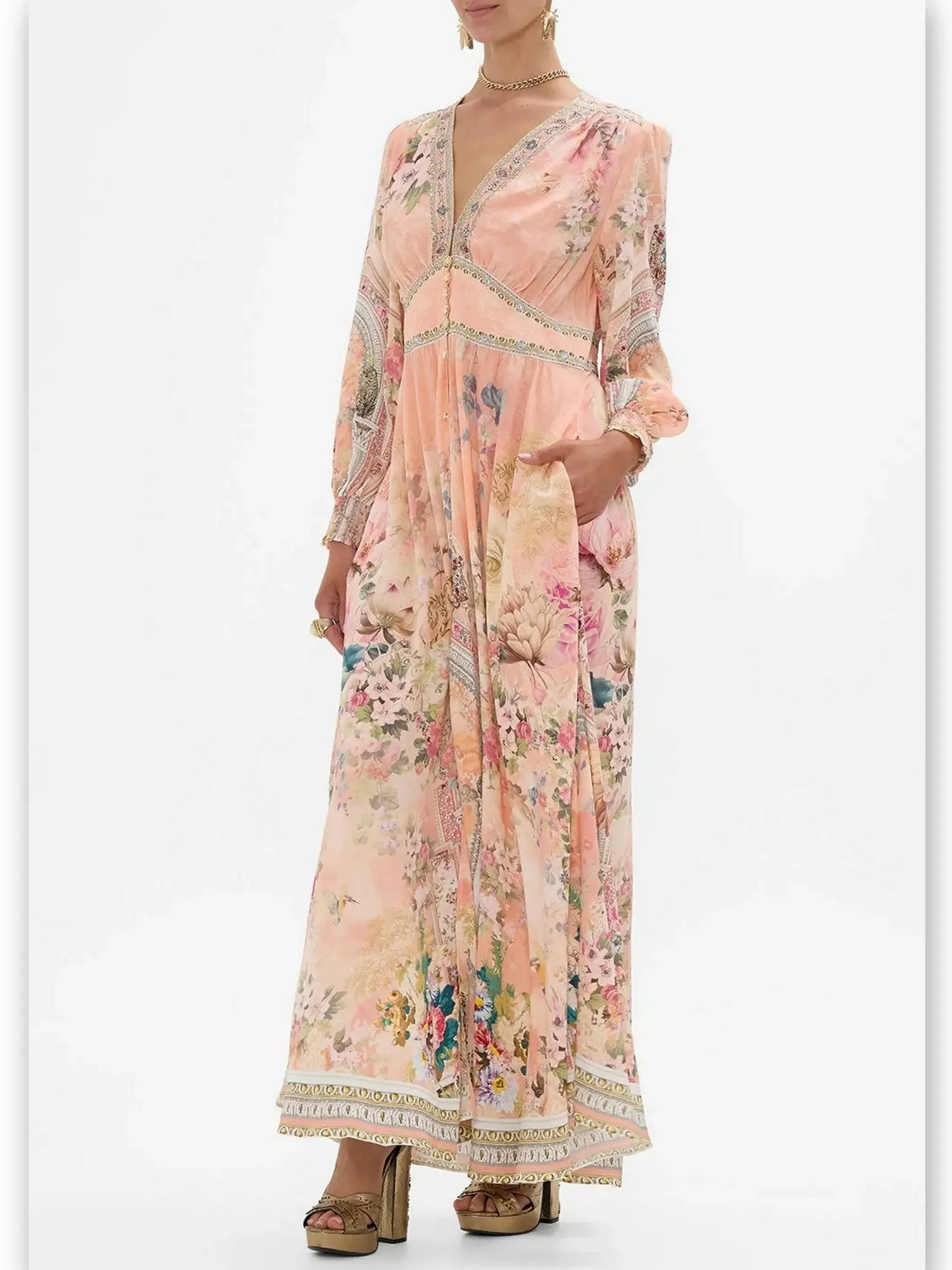 Women’s Button-Down Printed Silk Dress with Shaped Waistband